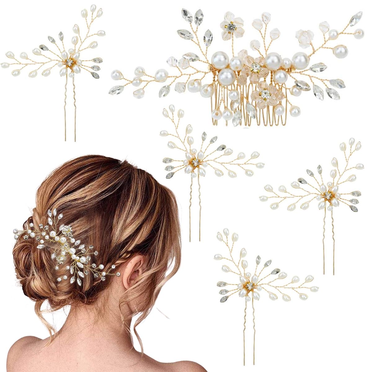 PALAY Flower Hair Accessories for Women Pearl Crystal Rhinestone Hair Pins for Women Stylish Hair Comb Clip Bridal Hair Bun Accessories for Wedding, Daily, Party - 5 Pcs PALAY Flower Hair Accessories for Women Pearl Crystal Rhinestone Hair Pins for Women Stylish Hair Comb Clip Bridal Hair Bun Accessories for Wedding, Daily, Party - 5 Pcs